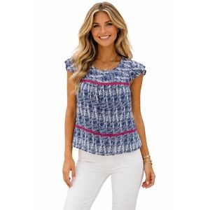 Vineyard Vines Womens XXS Watercolor Ruffle Silk Blend Top Blue Pink Trim